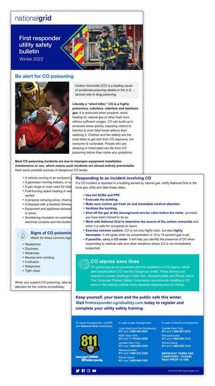 National Grid first responder safety bulletin – Winter 2022: Be alert for CO poisoning