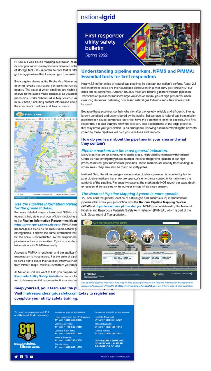 National Grid first responder safety bulletin – Spring 2022: Understanding pipeline markers, NPMS and PIMMA: Essential tools for first responders