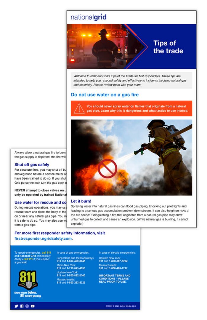 First responder tips of the trade email – Do not use water on a gas fire