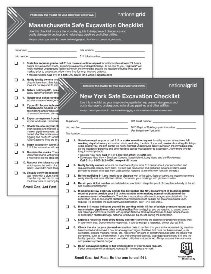 Massachusetts and New York Safe Excavation Checklists