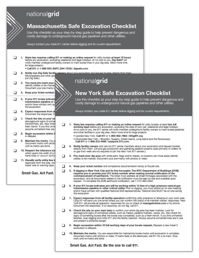 Massachusetts and New York Safe Excavation Foldable Checklists