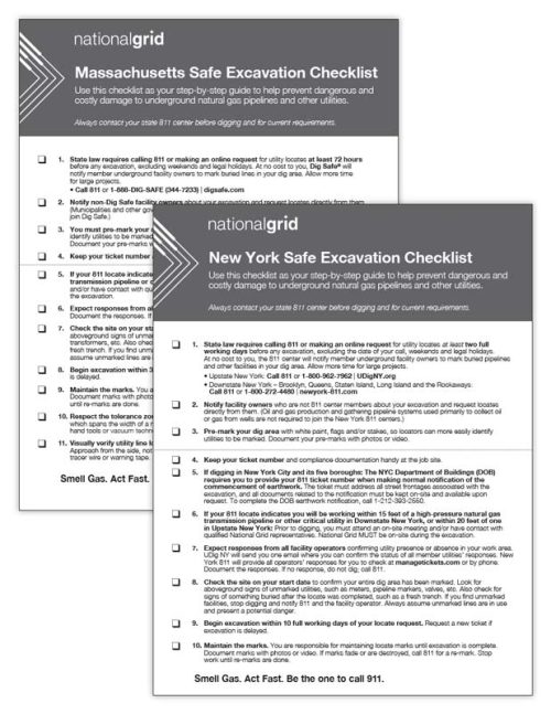 Massachusetts and New York Safe Excavation Foldable Checklists