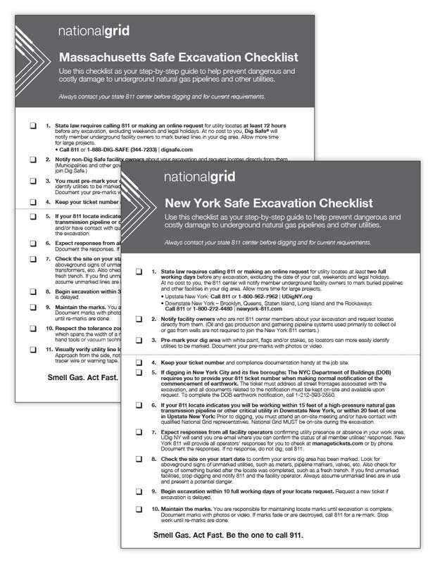Massachusetts and New York Safe Excavation Foldable Checklists
